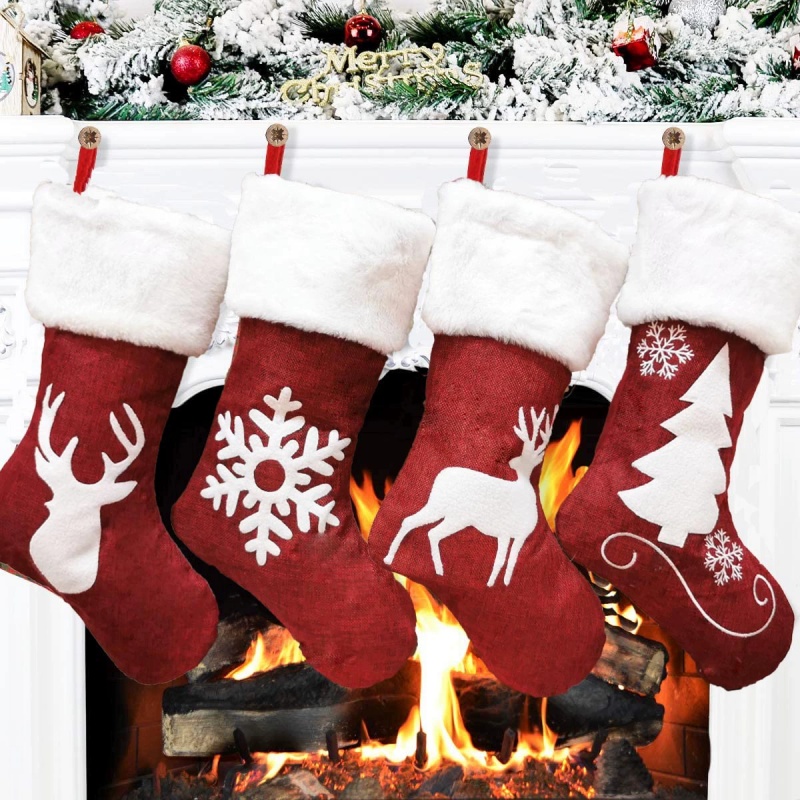 Embroidery Xmas Stocking - Kırmızı Noel Baba Çorabı Geyik Kar