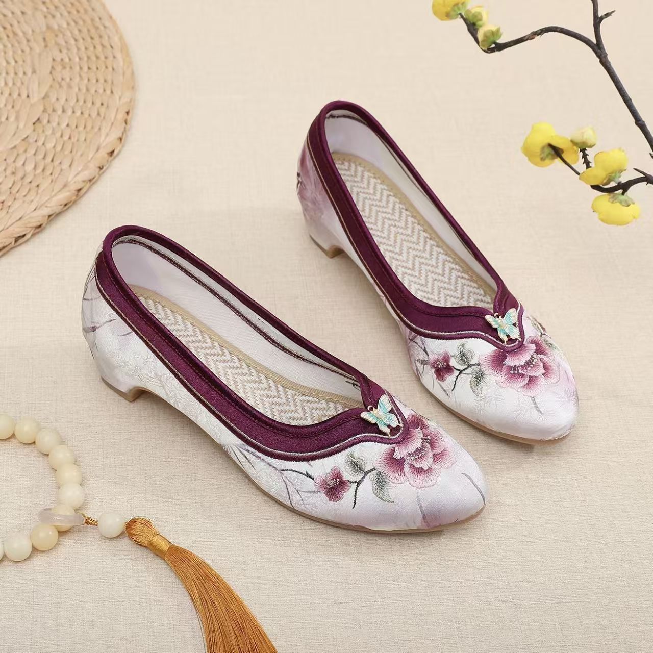 Embroidery Fabric - Kadın Düşük Topuklu İşlemeli Cheongsam Ayakkabı