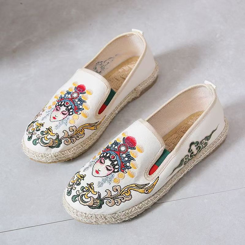 Embroidery Fabric - Kadın Düz Taban İşlemeli Kumaş Ayakkabılar
