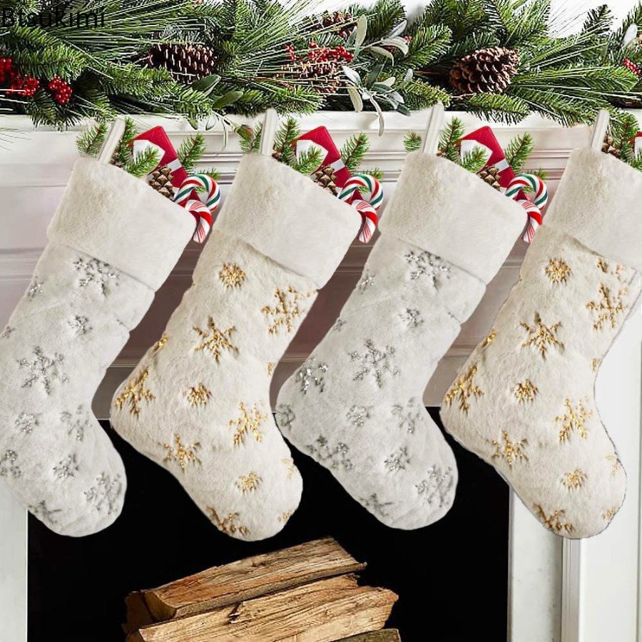 Embroidery Xmas Stocking - Yeni 2026 Beyaz Peluş Baskılı Altın